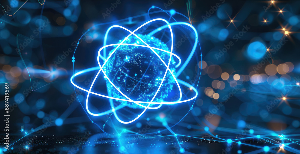 Fototapete Glowing blue atom with a network of luminous lines against a dark backdrop. High-tech abstract digital design with intricate circuit details for use in computer graphics. Generative AI.