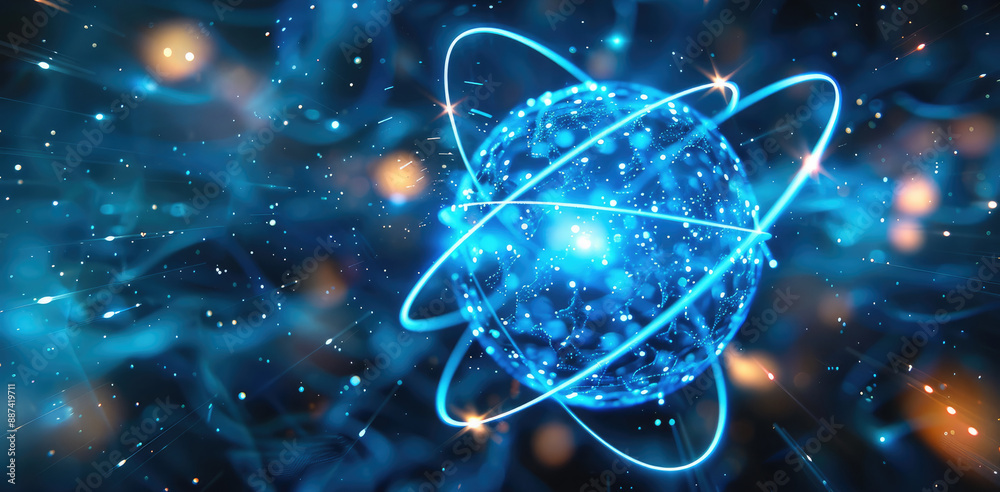 Leinwandbilder Glowing blue atom with a network of luminous lines against a dark backdrop. High-tech abstract digital design with intricate circuit details for use in computer graphics. Generative AI.