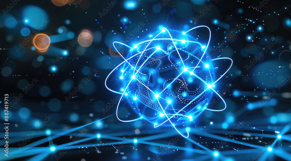 Leinwandbilder Glowing blue atom with a network of luminous lines against a dark backdrop. High-tech abstract digital design with intricate circuit details for use in computer graphics. Generative AI.