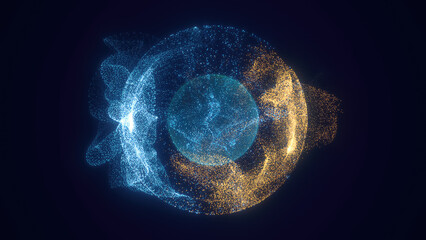 Abstract colored bright glowing background with a sphere core atom energy burning ball circle made of waves of energy rays and plasma with light © Bolbik