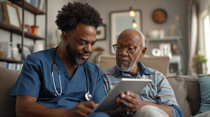 Nurse showing elderly man how to use a digital tablet in a comforting home environment. Senior healthcare, digital literacy, patient care, home health assistance, technology education concept.