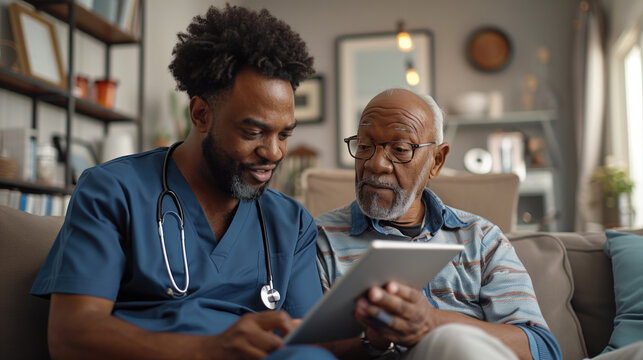 Nurse showing elderly man how to use a digital tablet in a comforting home environment. Senior healthcare, digital literacy, patient care, home health assistance, technology education concept.