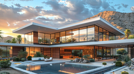 Obraz premium Modern clubhouse, vertical wood siding, multiple horizontal roof planes, extensive clerestory windows, desert hillside. Generative AI.