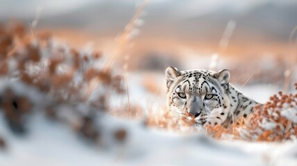 A wildlife photographer captures a snow leopard in the snowy wilderness.