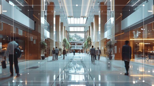 A security camera feed showing the lobby of a large, modern office building. The footage highlights behavior detection and facial recognition overlays, with labels and annotations. Generative AI.