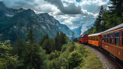 A scenic train journey through lush green valleys and mountains