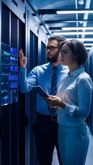 Fototapeta premium IT Professionals Analyzing Data on Digital Interface in Server Room