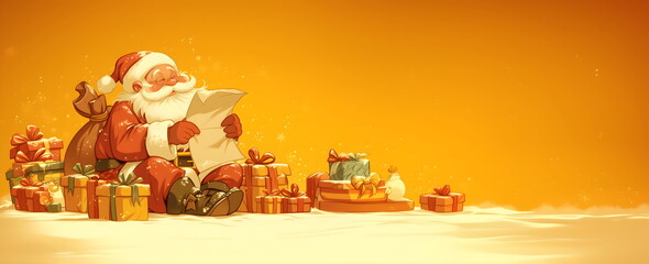 Cheerful Santa Claus holds a blank paper or wish list on a yellow background. Christmas banner, greeting card or letter with copy space. Happy New Year wishes. Cute cartoon illustration