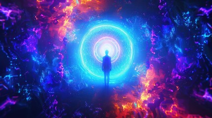 Fototapeta premium Etheric figure steps through a luminous cosmic portal