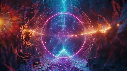 Colorful abstract cube portal with glowing particles