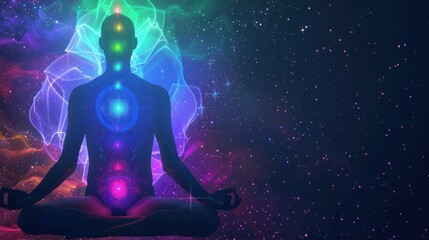 Meditating figure with glowing chakras in cosmic space