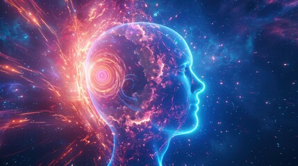 Digital head profile with cosmic brain energy vortex.