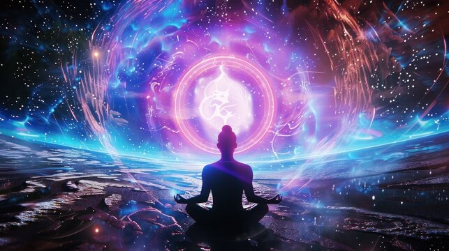 Meditating figure under glowing etheric sphere