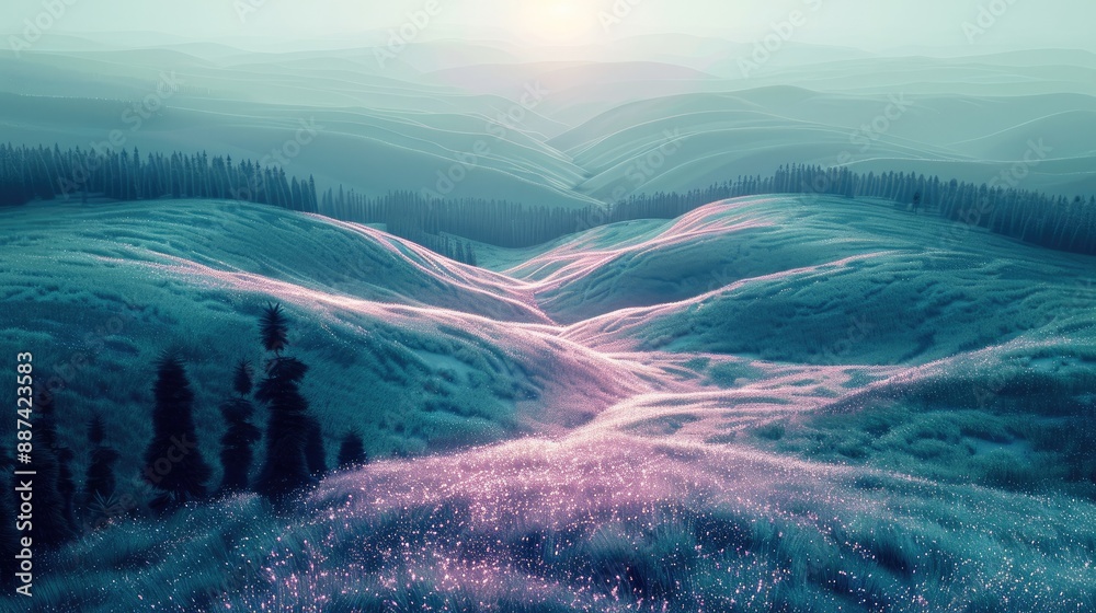 Fototapete Double exposure mysterious binary twilights octane render rolling hills landscape. Generative AI.