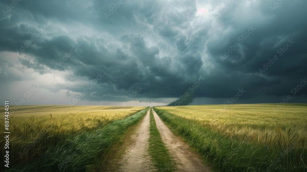 Poster a road in a field with a storm in the distance