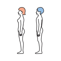 シンプル　イラスト　女性と男性のヌードの全身の横向き　