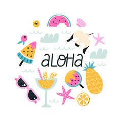 Hand drawn summer set of beach elements, fruits, ice cream, cocktails.