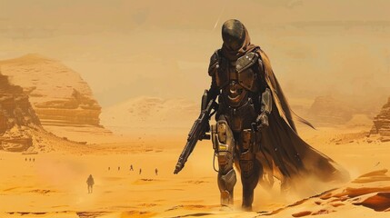 A person dressed in a futuristic costume stands alone in a vast desert landscape, with sandy dunes and rocky outcroppings