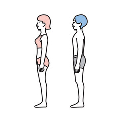 シンプル　イラスト　下着の男女の全身　横向き