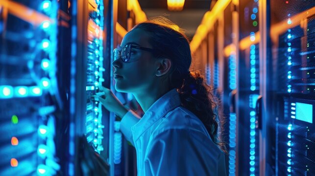 Two people working in a server room, in the style of dark sky-blue and light bronze, bold and vibrant primary colors. Generative AI.