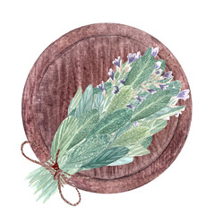 Sage bouquet tide with a jute string on a wooden tray isolated on white. Hand painted high quality...