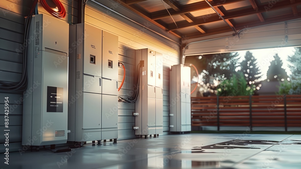 Aufkleber in terms of energy storage, battery packs act as a backup or sustainable energy concept at home gara