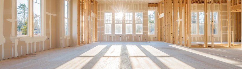 Bright and spacious interior of a house under construction, showcasing wooden framework and large windows allowing natural light.
