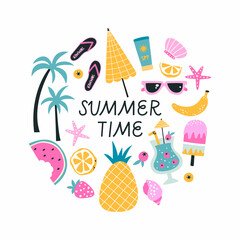 Fototapeta premium Handmade summer set. Ice cream, beach elements, cocktails. The inscription 