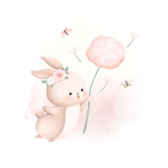 Watercolor Illustration Cute Rabbit Fly with Pink Flower and Butterflies