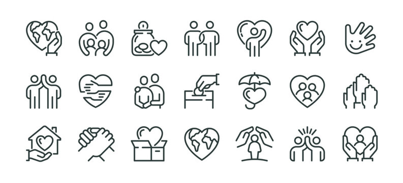 Premium Icons Pack on Human Care and Charity. Such Line Signs as Volunteering and Social Help, Support Kindness and Friendly Relations. Vector Icons Set for Web and App Outline Editable Stroke.