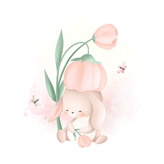 Watercolor Illustration Cute Rabbit Sleeps Under Pink Flower