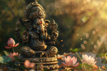 Fototapeta premium A beautifully crafted statue of Lord Ganesha, the Hindu deity known for his elephant head, is depicted among blooming pink lotuses with sunlight filtering through the scene.