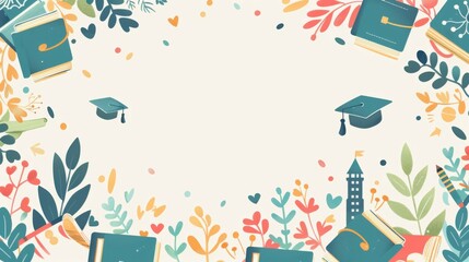 A whimsical minimalist illustration presenting a blank central frame, surrounded by a border of university-themed decorations. The border includes happy textbooks, charming graduation caps, and