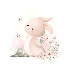 Watercolor Illustration Cute Rabbit with Pink Flowers at Garden