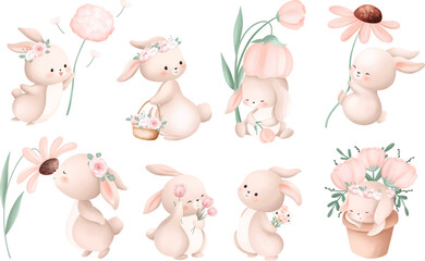 Watercolor Illustration Set of Cute Rabbits with Pink Flowers