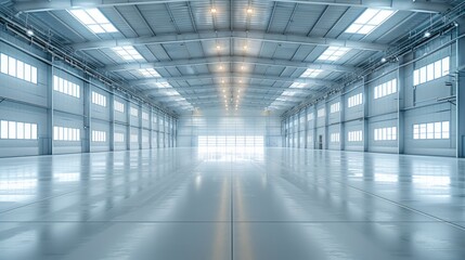 Fototapeta premium A very large white warehouse with lights. Generative AI.