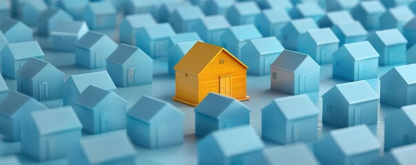 A yellow house standing out among many grey houses