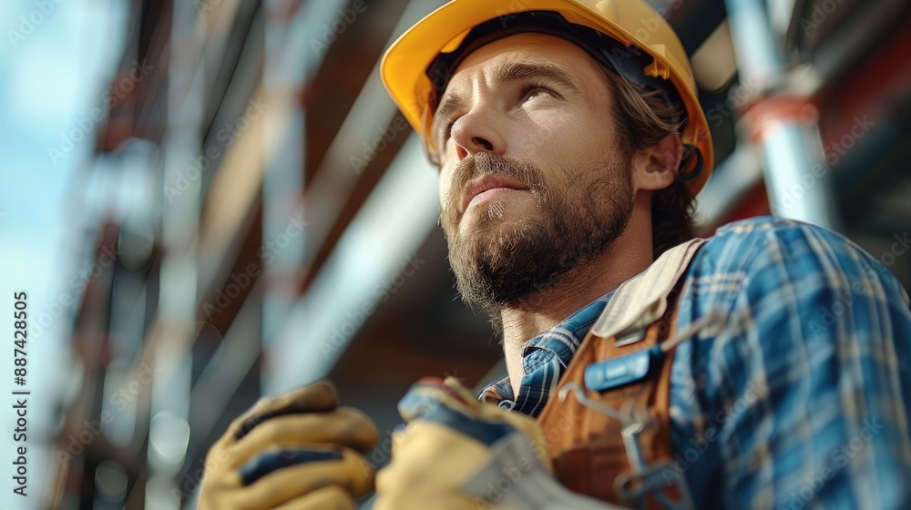 Poster male builder with tools at work. generative ai.