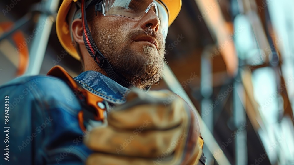 Poster male builder with tools at work. generative ai.