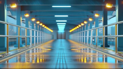 Obraz premium An empty pedestrian bridge at night with illuminated handrails and city lights