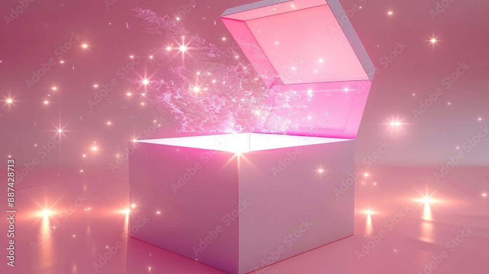 Poster pink box open on one side with glowing light coming out of it on a light pink glowing background. ge