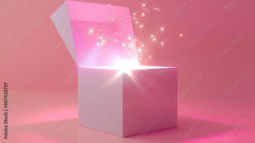 Poster Pink box open on one side with glowing light coming out of it on a light pink glowing background. Generative AI.