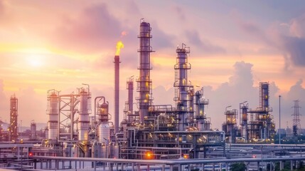 smart chemical oil refinery plant, power plant on blue sky background , Gas Oil depot, Crude Oil Refinery Plant Steel Pipe line and Chimney Cooling tower, Chemical or Petrochemical