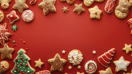 A display of festive holiday cookies on a red background, arranged in a frame.