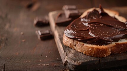Smooth chocolate spread on a slice of bread, placed on a rustic wooden board, evoking a homemade treat.