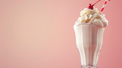  Vanilla milkshake with whipped cream and a cherry on top against a pink background.