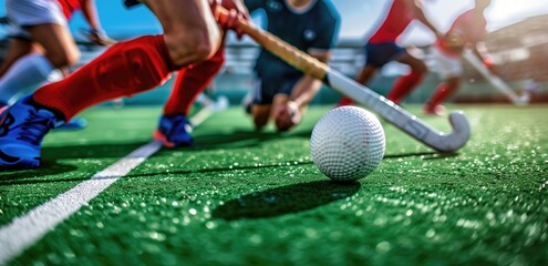 Field hockey players in action on green turf during an outdoor match in bright sunlight. Sports competition, team sport, athletic performance, outdoor recreation, field hockey training.