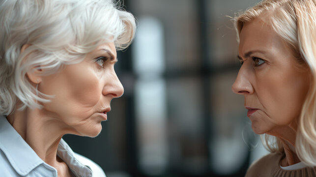 Two senior women staring intensely at each other in a confrontational manner indoors. Conflict resolution, elderly relationships, emotional tension, psychological dynamics, aging women communication.