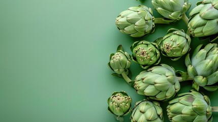 Close up of fresh artichokes on a green backdrop