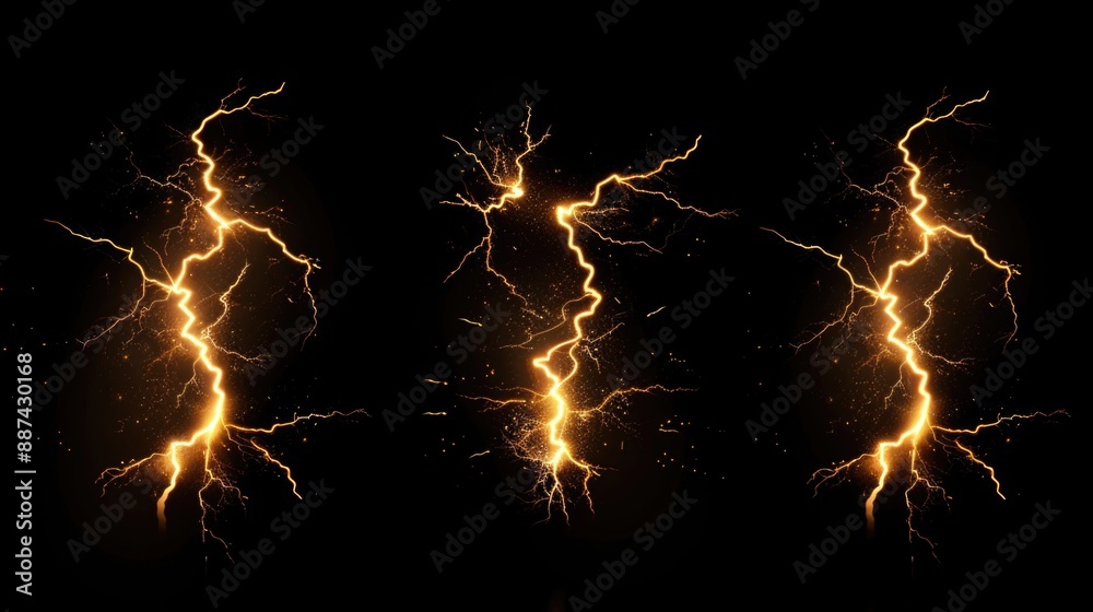 Aufkleber A dramatic scene with multiple lightning flashes illuminating a dark black background, ideal for use in images about weather, nature, or drama